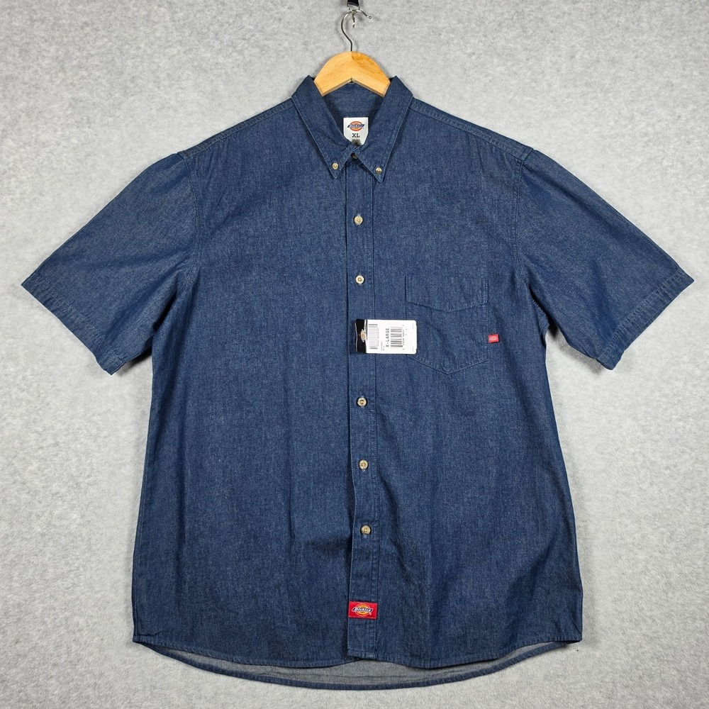 Dickies Denim Shirt Mens Size XL Dark Wash Short Sleeve Workwear 100% Cotton NEW